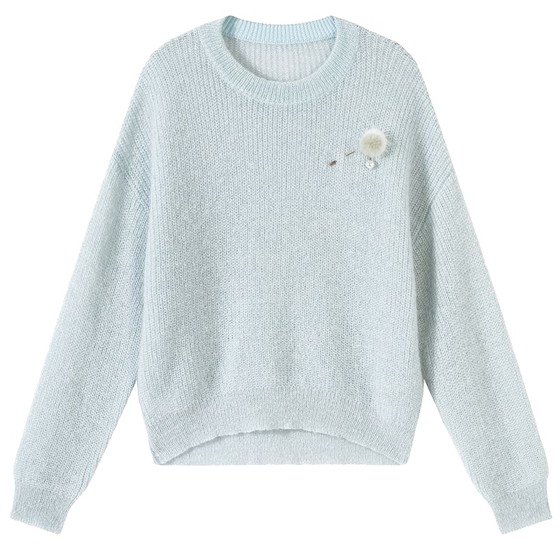 新款纯色圆领针织衫女士秋冬新款宽松长袖上衣套头打底慵懒风毛衣10019146