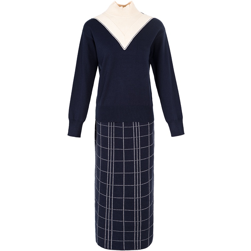 晚白2021春季新品两件套高领针织衫毛衣格子半裙时尚针织套装女