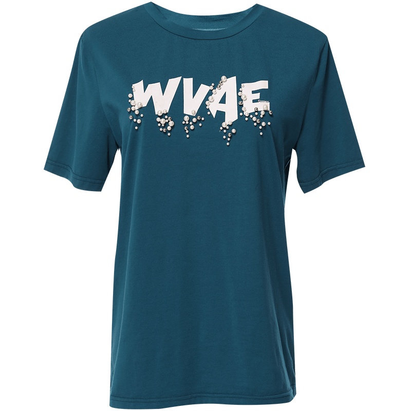 欧昵雪夏季休闲套头圆领字母钉珠显瘦T恤女宽松短袖上衣