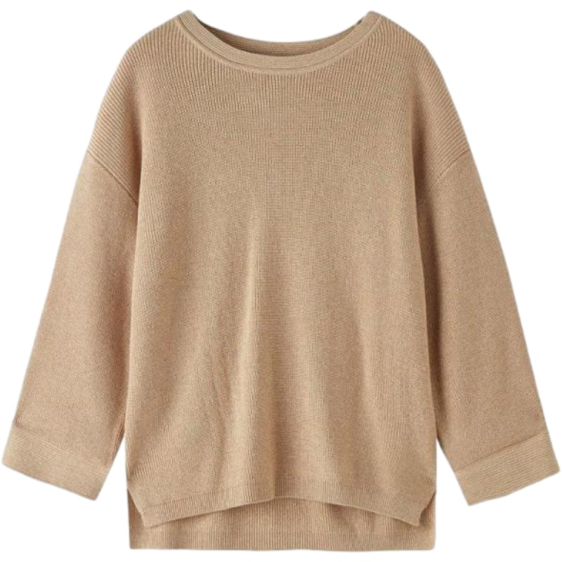 毛衣女装2021春季圆领开叉套头宽松慵懒风上衣针织衫纯色毛衫