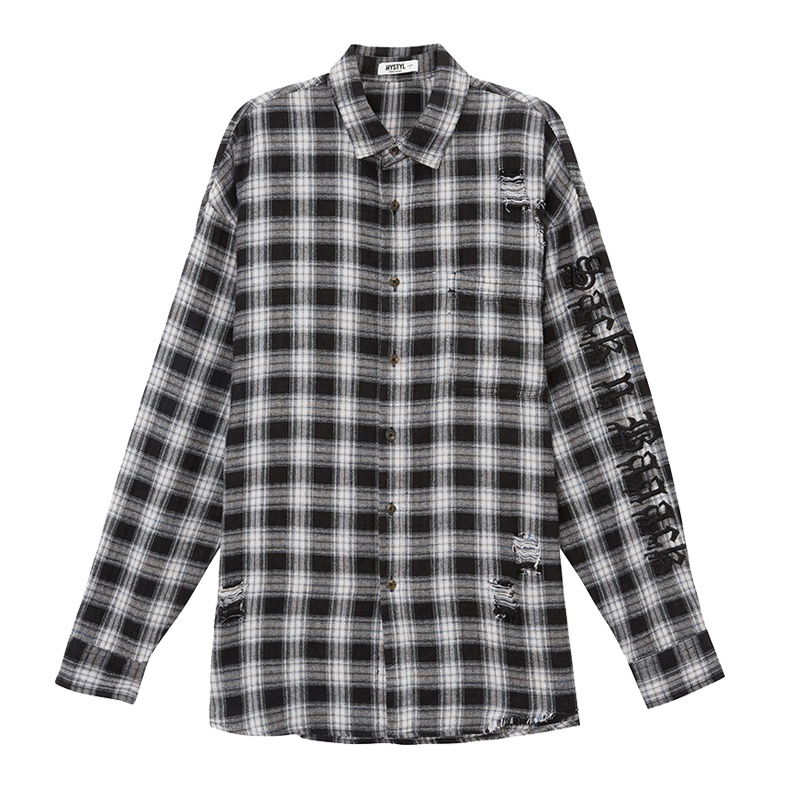 美特斯邦威长袖衬衫男装青少年春秋季破洞黑白格子显瘦衬衣
