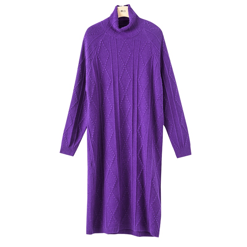 晚白2020冬季新品纯色高领长袖宽松休闲毛衣裙针织打底连衣裙女