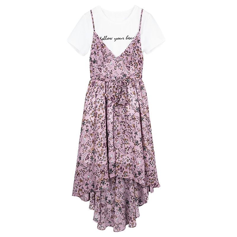 拉夏贝尔吊带裙新款夏天套装女中长款两件套短袖碎花雪纺连衣裙