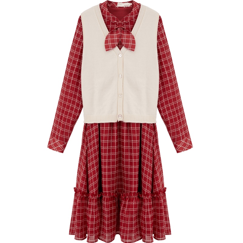 茵曼2019秋季新款复古格纹系带领针织毛衣背心马甲连衣裙两件套