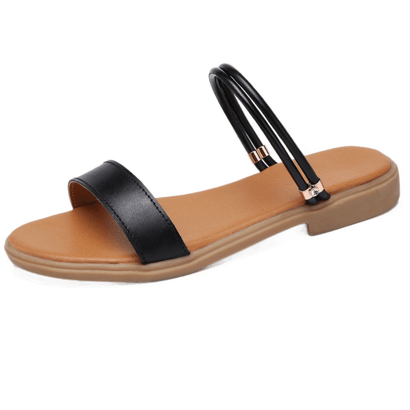 朴尼斯(Pounise)真皮凉拖鞋女2019新款夏百搭休闲平跟软底防滑平底户外一字凉鞋子 WD59-722