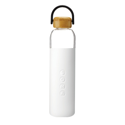 美国SOMA V2 透明玻璃水瓶740ml 纯色简约设计硅胶外套戴提手便携运动时尚随行水杯运动创意潮流-白色