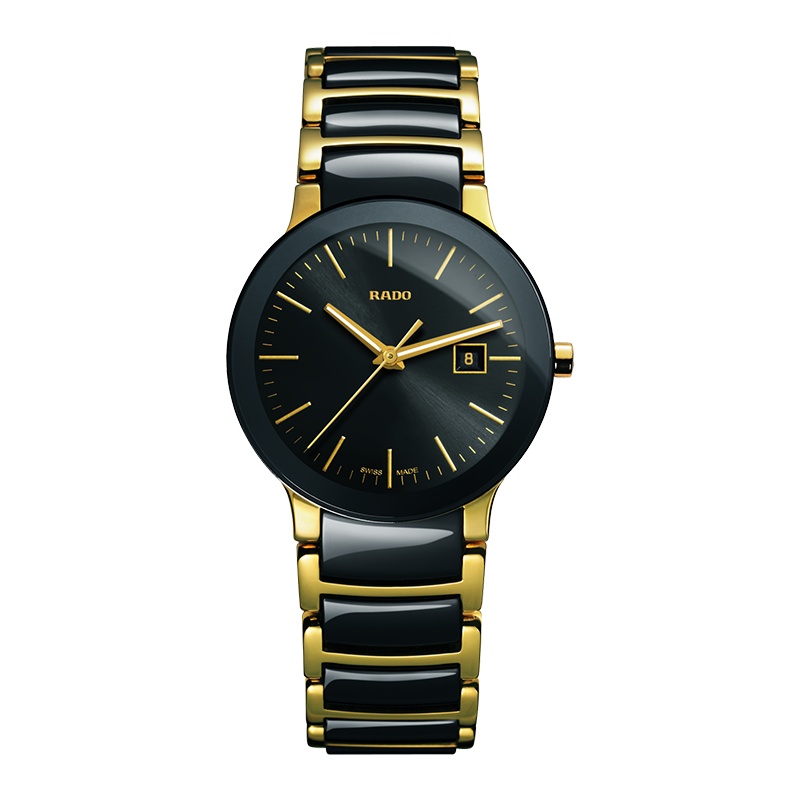 雷达(RADO)瑞士手表 晶萃系列时尚优雅款石英女士手表 28mm黑盘间金陶瓷表带