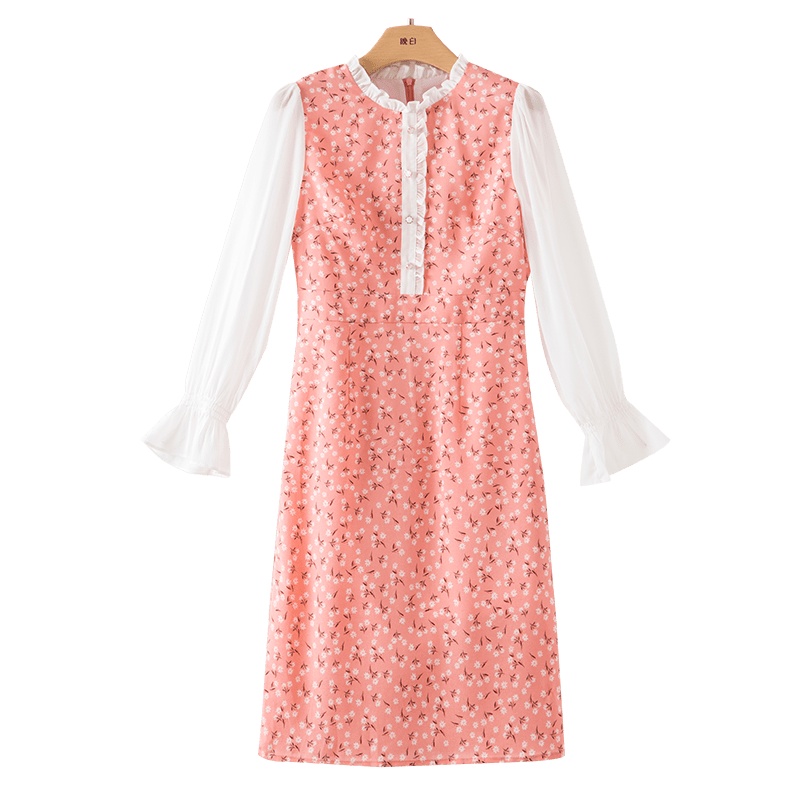 晚白2021春夏新品名媛淑女木耳领修身高腰印花包臀裙雪纺连衣裙女