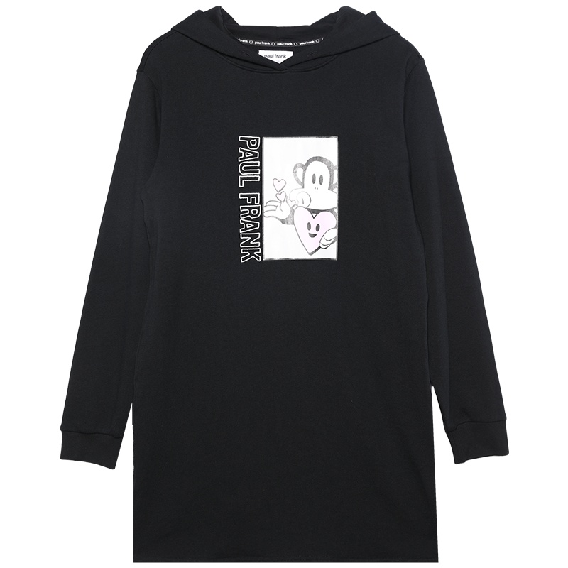 Paul Frank/大嘴猴春秋季新款宽松印花连帽长袖卫衣连衣裙女