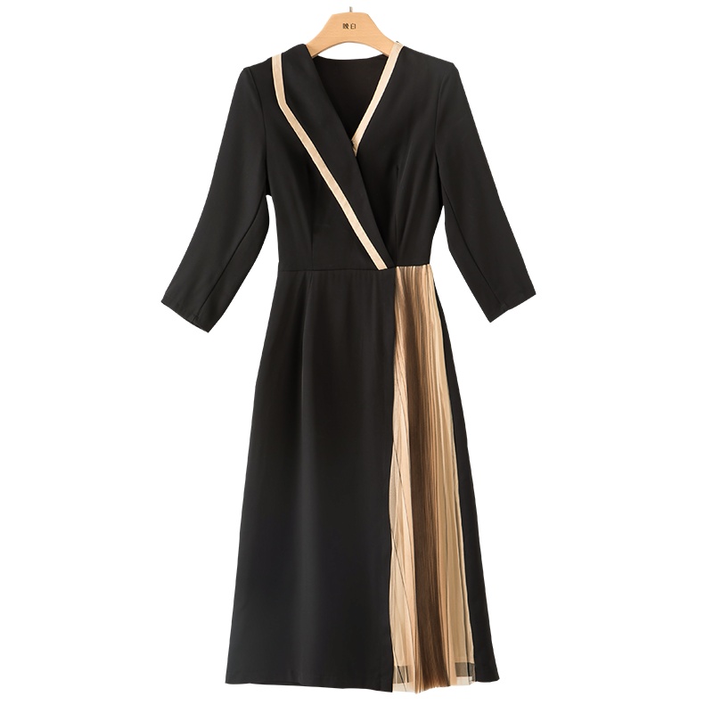 晚白2021春季新品时尚通勤修身显瘦V领高腰百褶裙西装裙连衣裙女