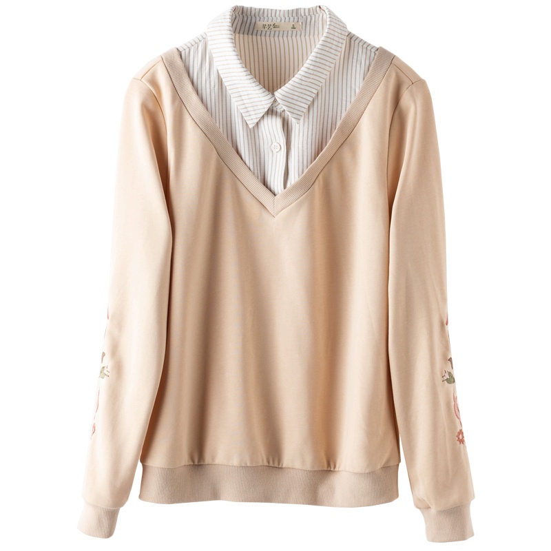 芊艺小清新假两件卫衣女秋装2019新款韩版显瘦时尚刺绣长袖上衣10677