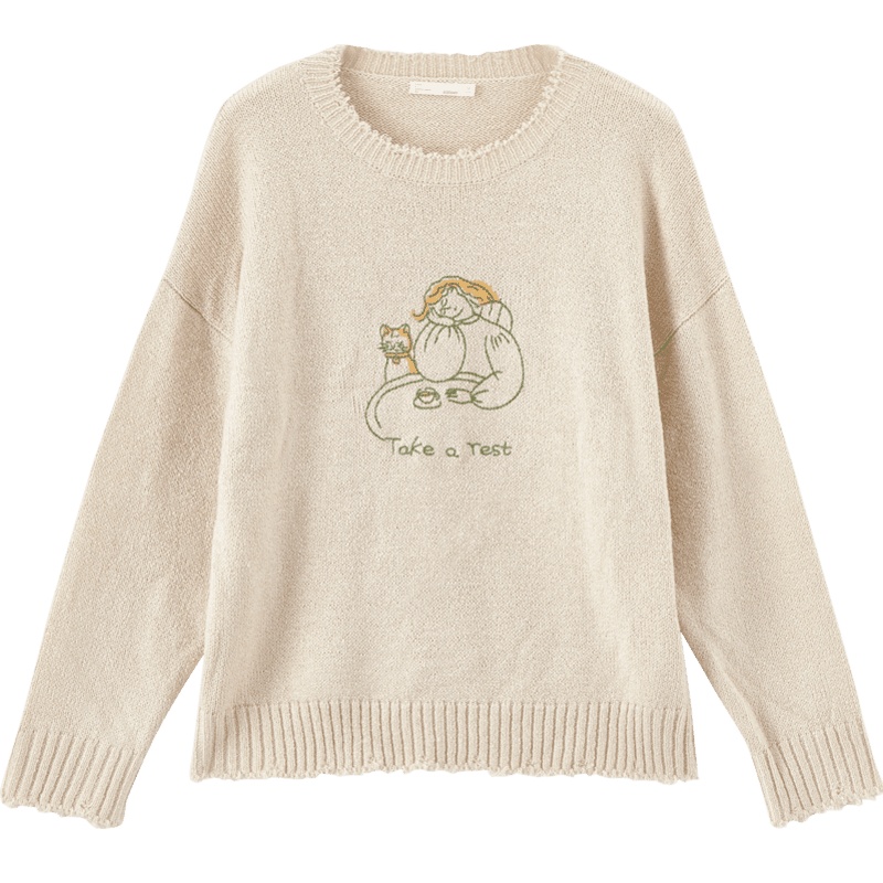 茵曼2019秋装新款散边罗纹圆领绣花套头毛衣女外穿宽松落肩袖上衣