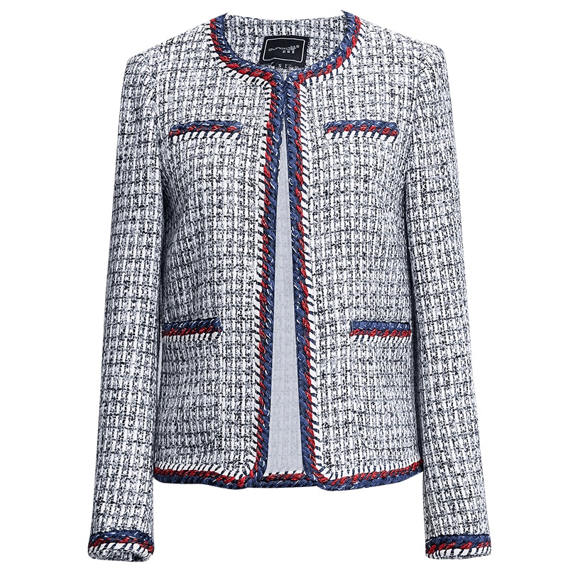 欧昵雪秋冬无扣编织粗花呢名媛小香风短款呢子外套女长袖