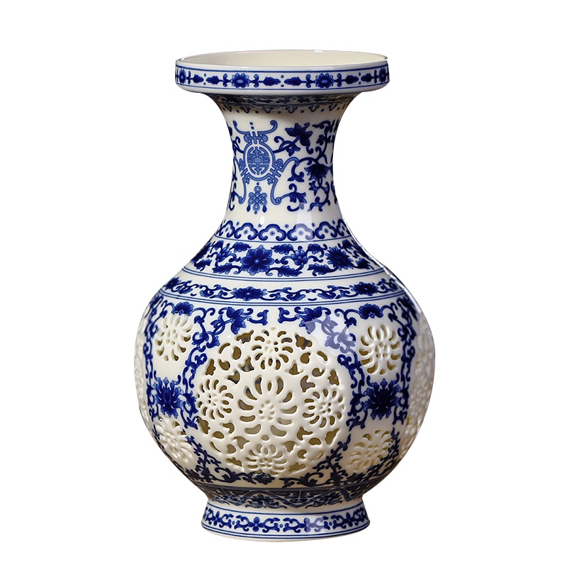 粉彩镂空花瓶陶瓷器薄胎镂空古典花瓶客厅家居装饰工艺品摆件青花苹果瓶