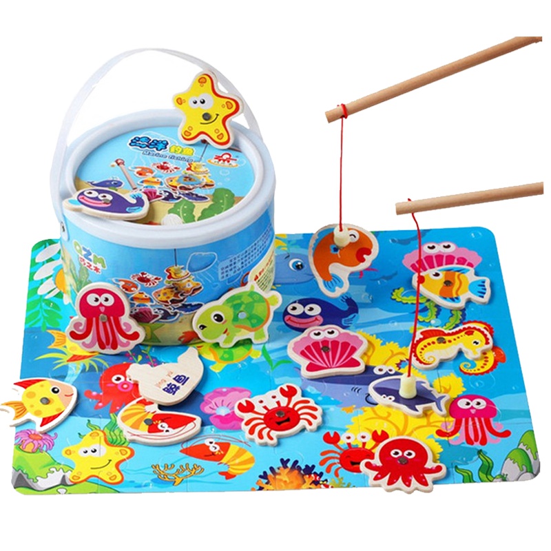 儿童木质磁性钓鱼玩具积木宝宝磁性钓鱼男孩女孩3-6岁早教玩具新年礼物