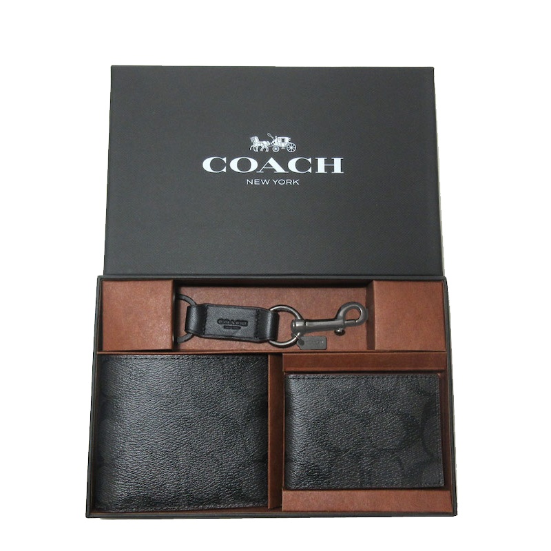 【直营】蔻驰(COACH)男士短款对折 钱夹钱包*2带钥匙扣礼盒装宜送礼 男包