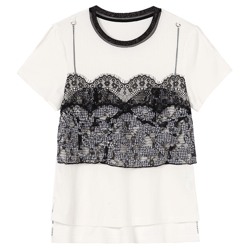 马克华菲女装2019夏装新款圆领短袖钩花百搭T恤短款T恤女显瘦