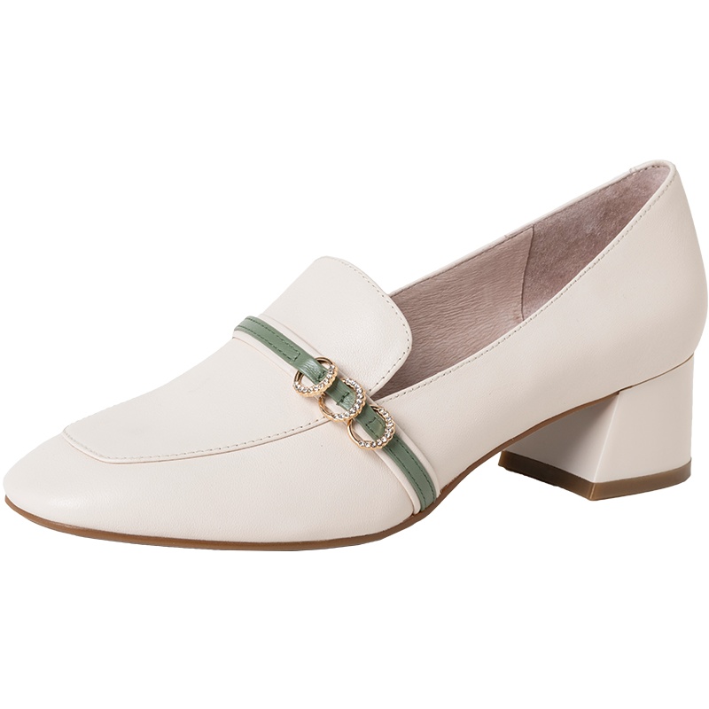 百田森乐福鞋女一脚蹬春季新款方头粗跟休闲中跟单鞋女真皮