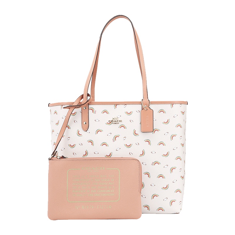COACH 蔻驰 奢侈品 欧美时尚女士手提包白色彩虹款皮革手提单肩双面托特包