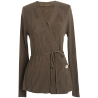 OUNIXUE欧昵雪 | [绵羊毛混纺毛衣]春秋简约套头V领系带显瘦中长款针织衫女