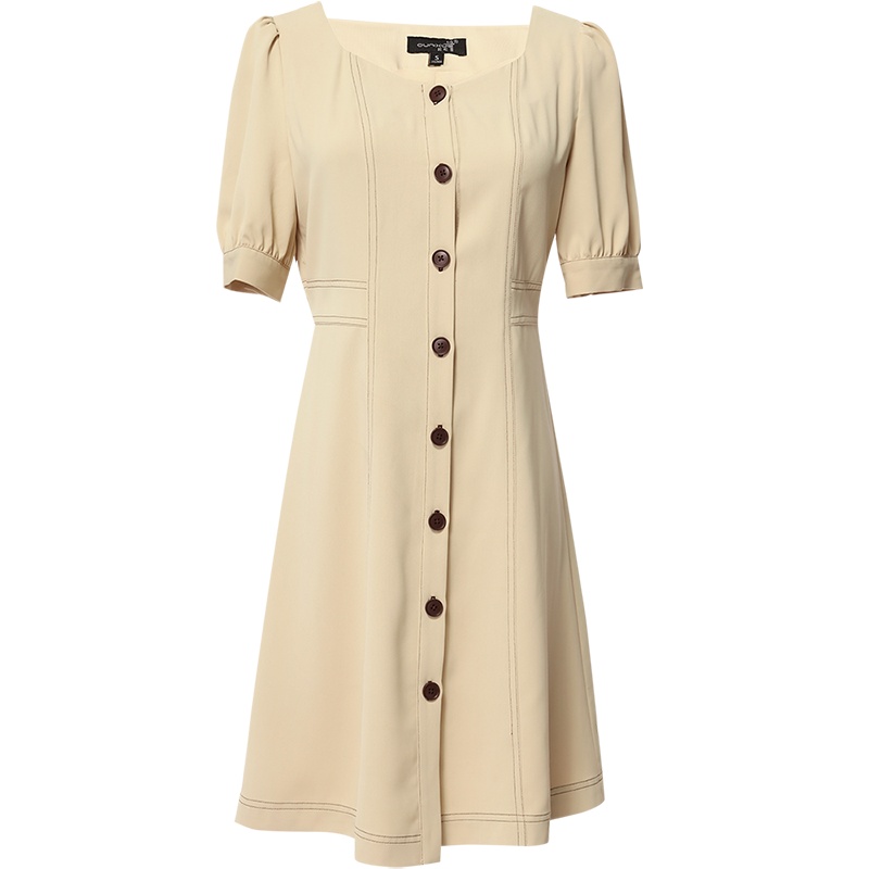 欧昵雪夏季法式复古小众a字裙女方领短袖高腰显瘦连衣裙