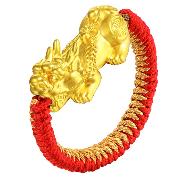 蒂蔻 貔貅黄金戒指男女款3D硬金编织绳指环情侣款足金饰品结婚纪念日礼物
