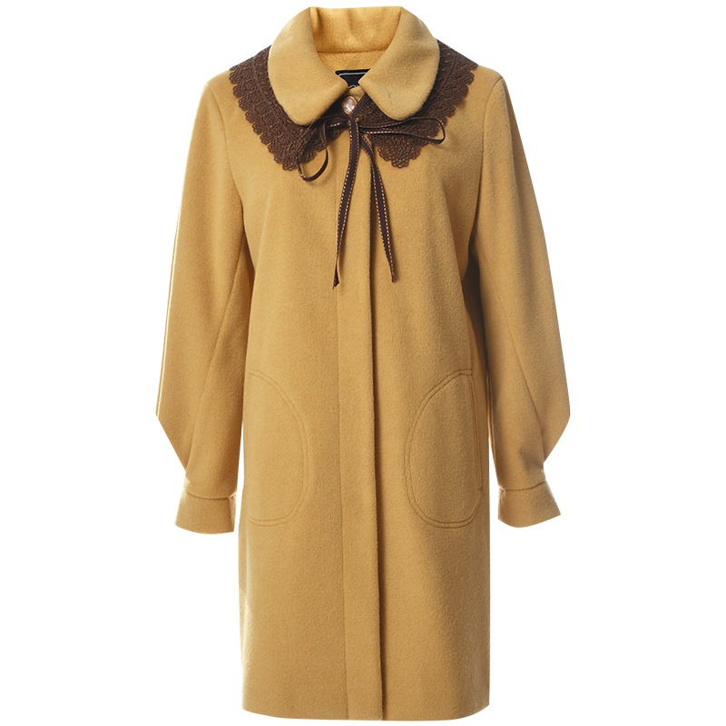 欧昵雪蕾丝拼接娃娃领显瘦毛呢外套女中长款呢子大衣