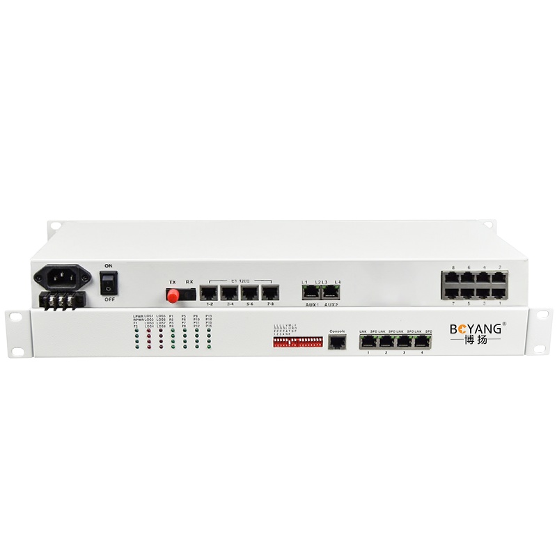 博扬 综合业务电话光端机 8路E1+8电话+4路百兆以太网物理隔离网 单纤20km 机架式1对价BY-8E1-8P4EV