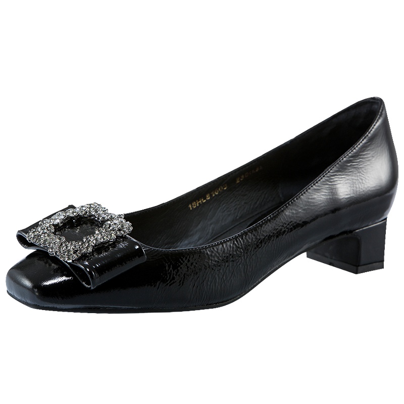 HARSON/哈森 方圆头漆皮水钻女鞋低跟单鞋HL81603