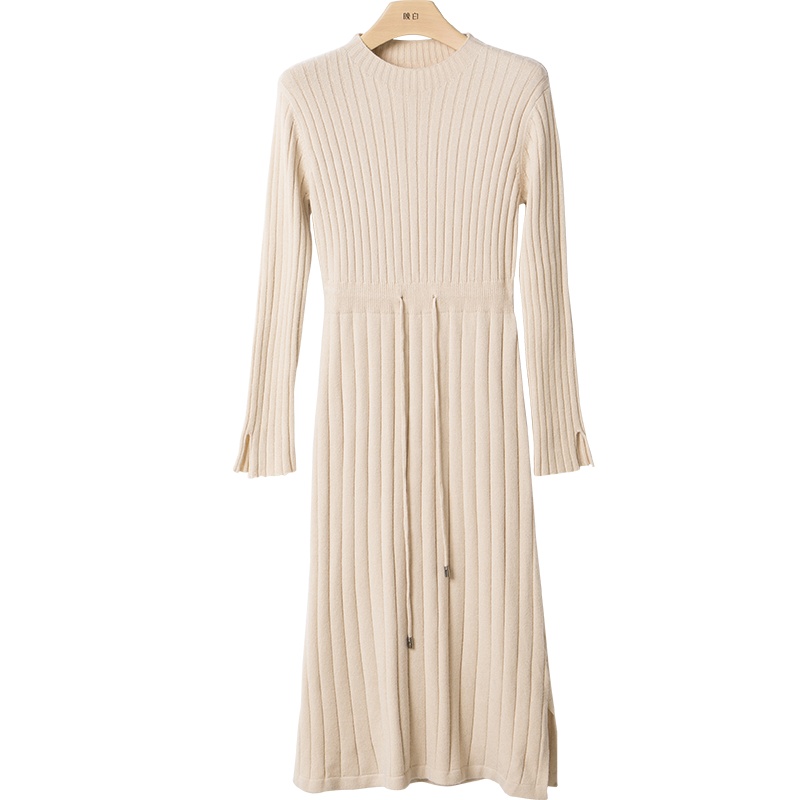 晚白2020冬季新品简约纯色圆领长袖修身显瘦毛衣裙针织连衣裙女