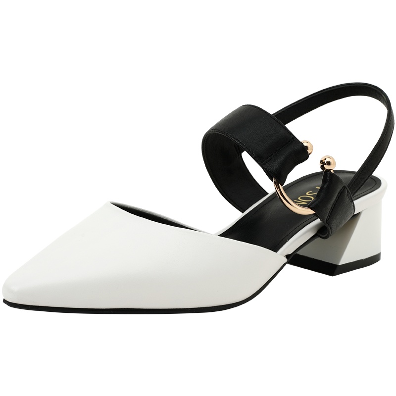 百田森包头单鞋女一字扣中跟羊皮鞋子百搭潮鞋包头粗跟女鞋