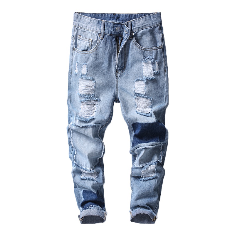 超音狼春夏款 休闲破洞拼接牛仔长裤LD-5110