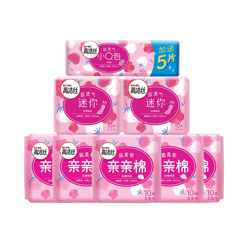 高洁丝/Kotex亲亲棉卫生巾姨妈巾日用组合7包 240mm60片+迷你卫生巾直条20 赠小Q包护垫40片