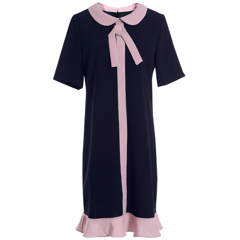 欧昵雪夏季撞色娃娃领蝴蝶结直筒裙子女短袖荷叶边连衣裙