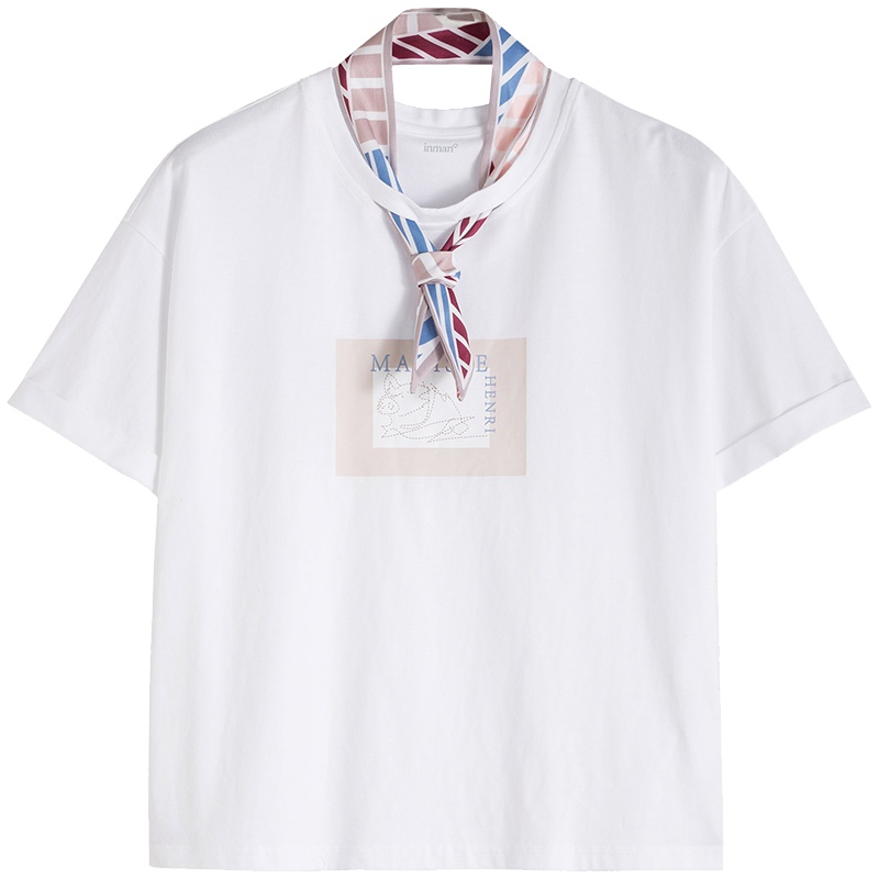 茵曼2019夏装新款圆领短袖时尚印花配领结休闲文艺少女T恤上衣女