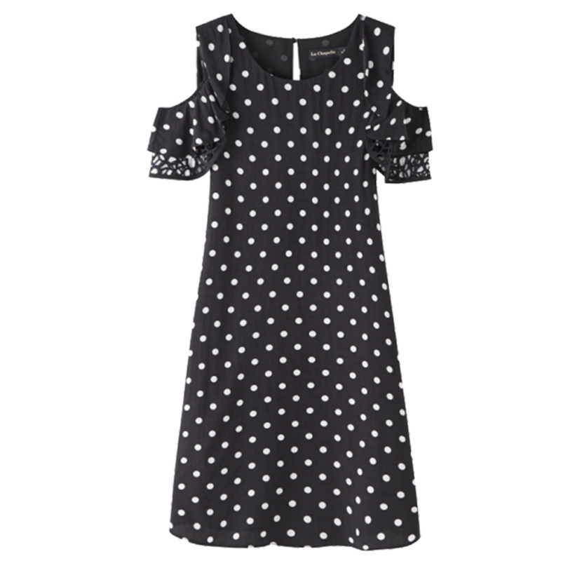 【专柜同款】拉夏贝尔波点连衣裙新款夏气质镂空露肩性感短袖a字裙子10020467