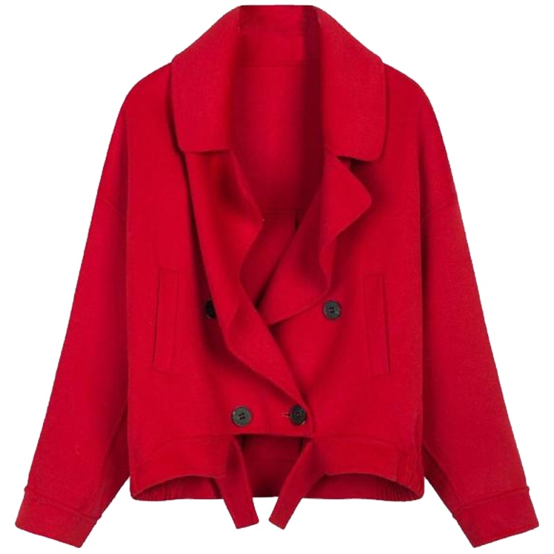 【热卖】拉夏贝尔毛呢外套女装短款双排扣冬季韩版时尚流行红色宽松呢大衣10015590