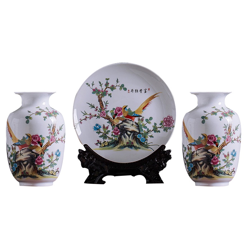 瓷物语陶瓷花瓶三件套装饰挂盘景德镇瓷器客厅现代新中式家居装饰品摆件(富贵牡丹三件套)