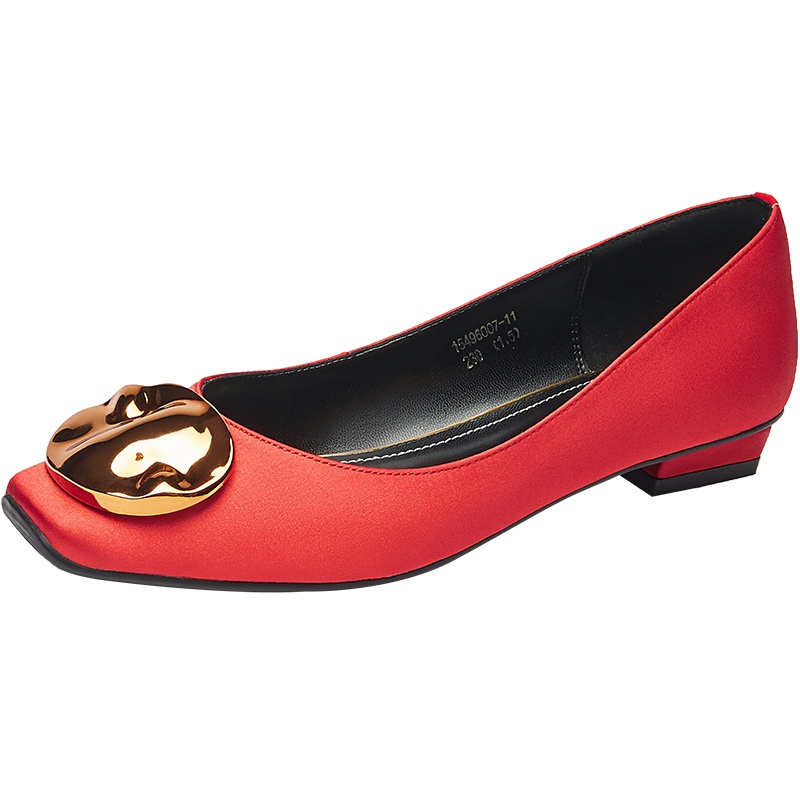 康奈女鞋 秋季新款方头低跟单鞋女金属扣饰轻软舒适通勤浅口单鞋女鞋15496007