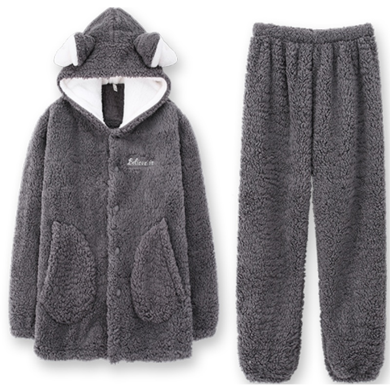 安之伴睡衣男晚秋圆领套装羊羔绒家居服