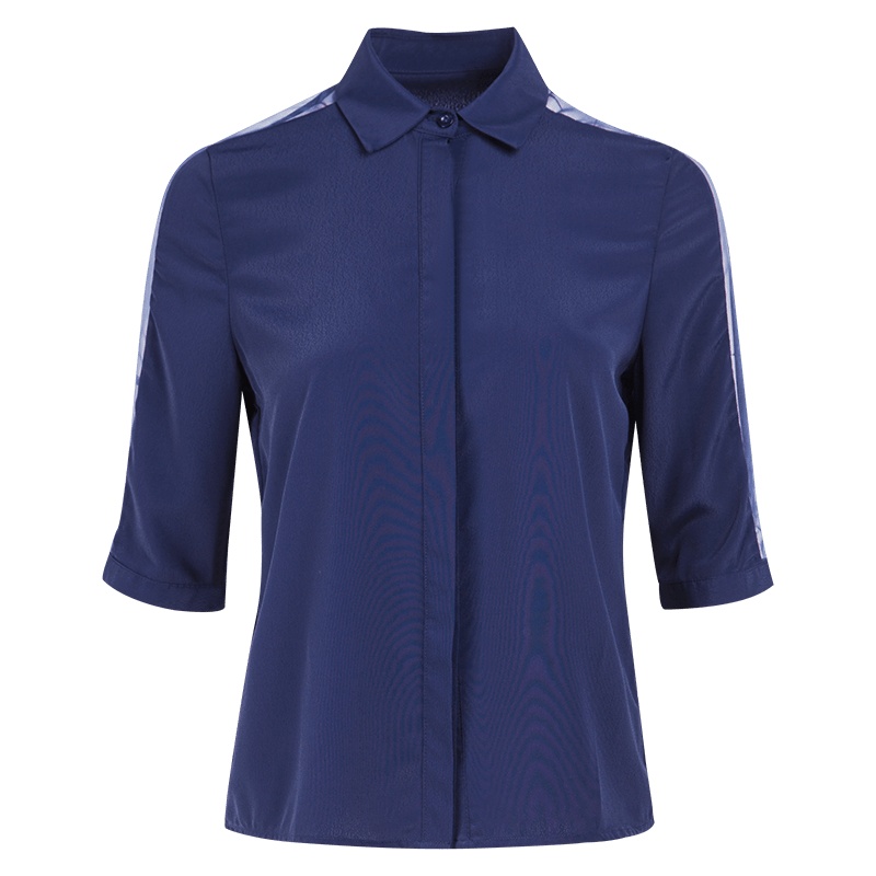 晩白 新品时尚百搭常规款POLO领网纱中袖通勤职业上衣衬衫女