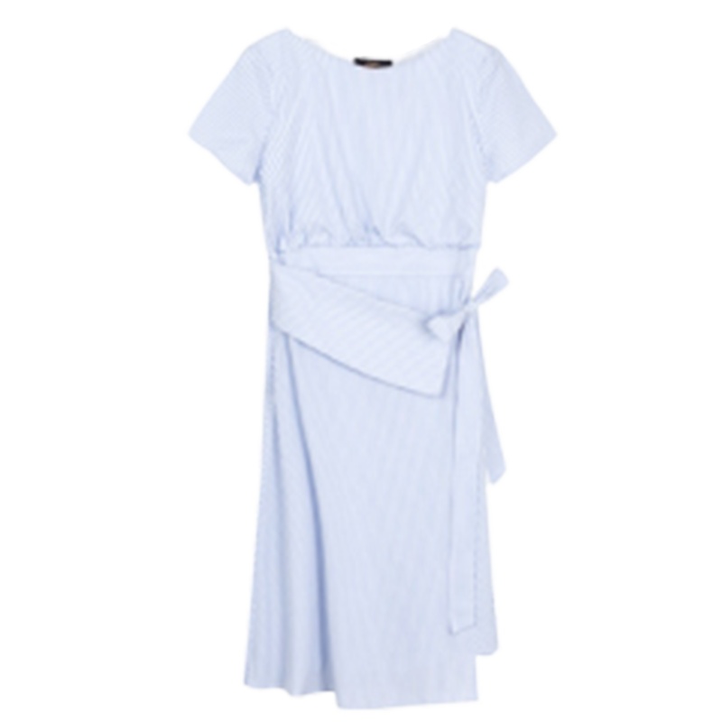 【专柜同款】拉夏贝尔夏季新款韩版蝴蝶结系带收腰显瘦条纹短袖中长款连衣裙30082471