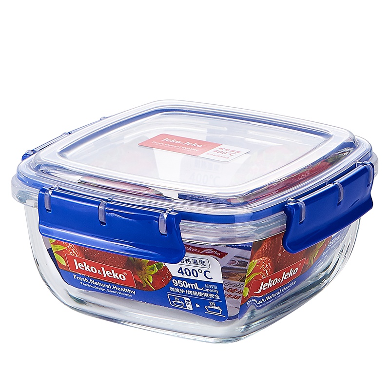 JEKO&JEKO 950ml厨房冰箱玻璃饭盒微波炉密封碗耐热玻璃便当盒方圆形保鲜盒SWB-6135