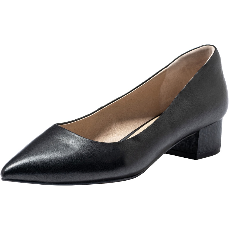 百田森秋季新款工作鞋粗低跟尖头真皮软底职业鞋