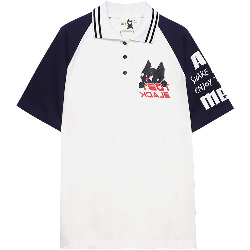 a02新款2020时尚卡通印花撞色拼接Polo领宽松T恤女夏DTV2D1251KT