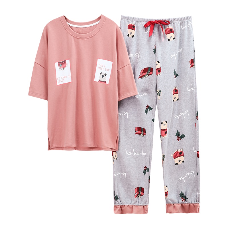 迪奥 甜美家居服夏季短袖长裤套装可外穿卡通棉两件套睡衣女