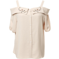 欧昵雪 夏优雅一字肩吊带上衣女短袖绣花露肩衬衫时尚小衫X