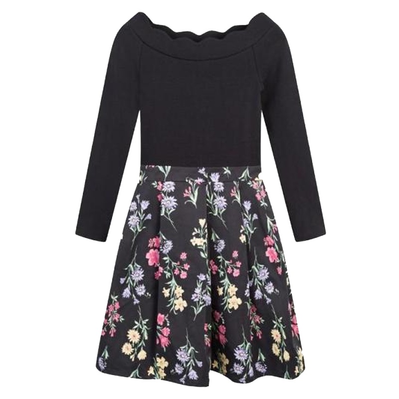 拉夏贝尔法国小众连衣裙法式春装新款优雅一字领修身碎花百褶收腰短裙20011680