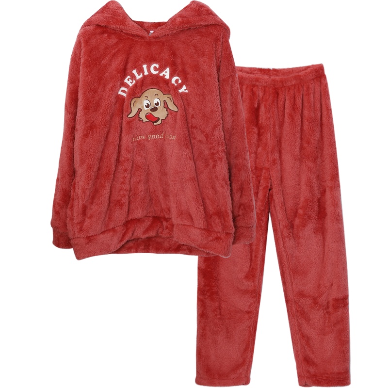 红豆居家柔软舒适可爱女士长毛绒睡衣居家服套装