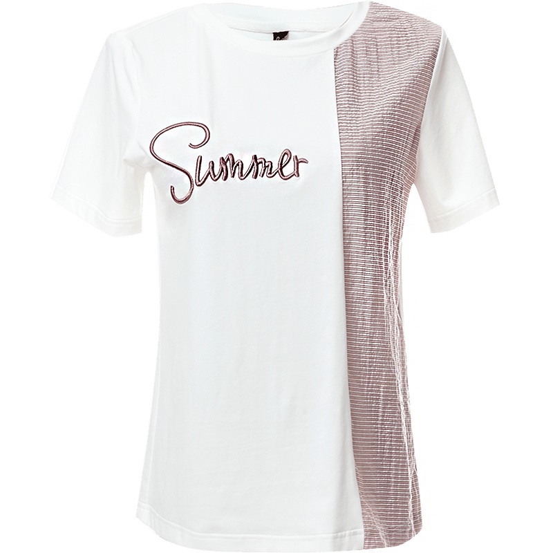 欧昵雪 夏字母绣花条纹拼接宽松显瘦圆领短袖T恤女上衣X